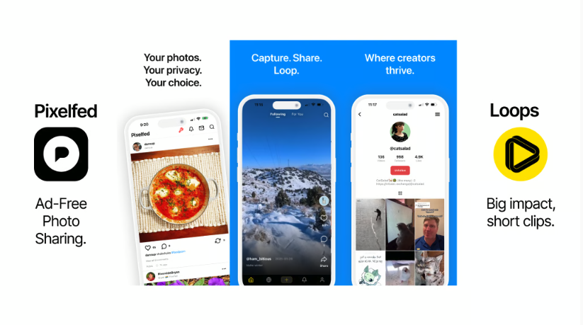 App screenshots showing Pixelfed photo sharing and Loops video platform interfaces with sample content and logos