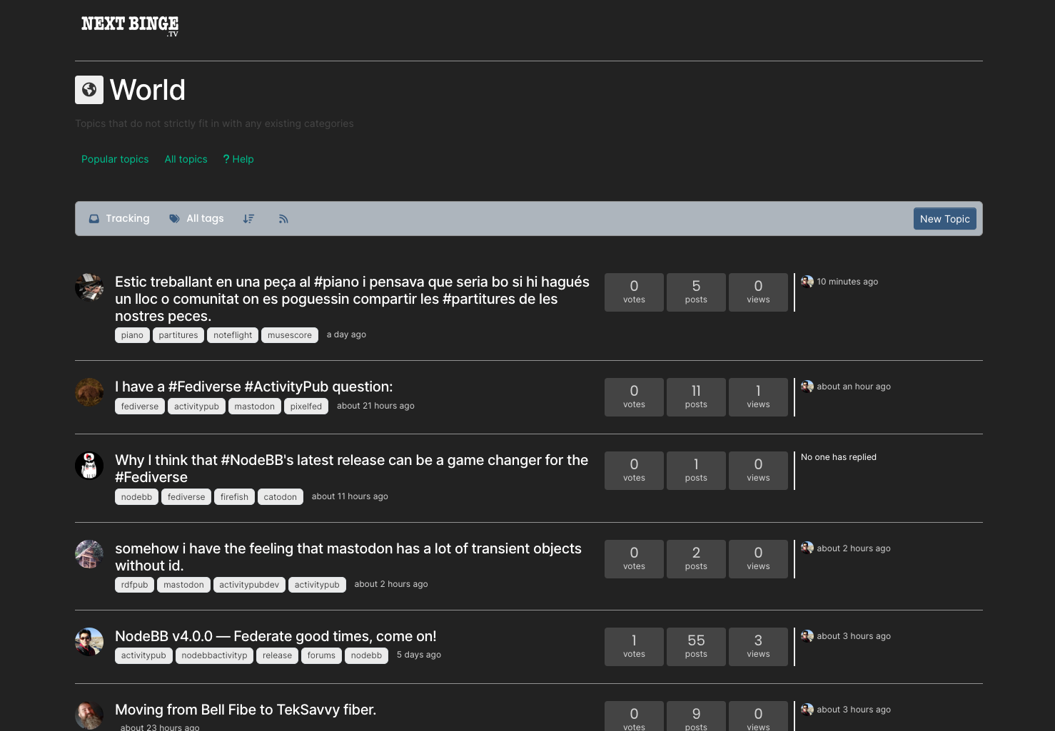 Dark-themed forum interface showing multiple discussion threads about NodeBB and Fediverse topics