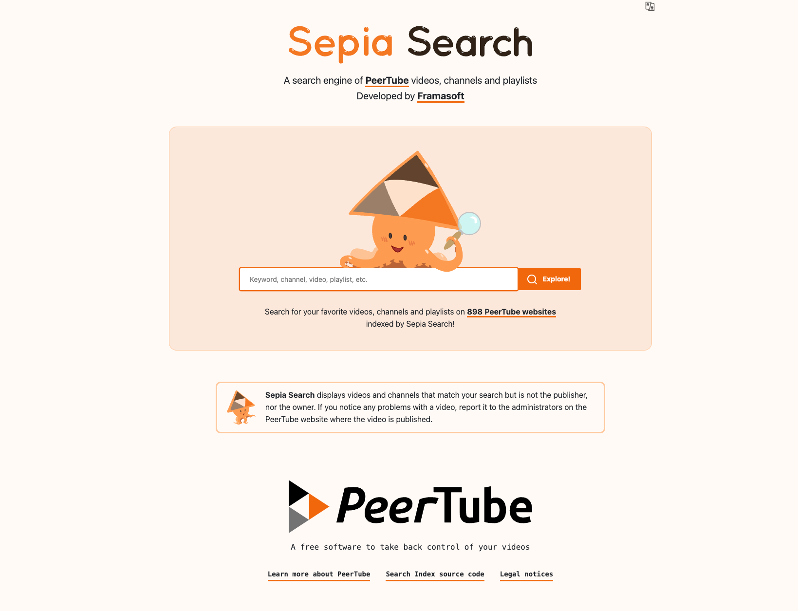 Sepia Search homepage featuring an orange octopus mascot and search bar for PeerTube content