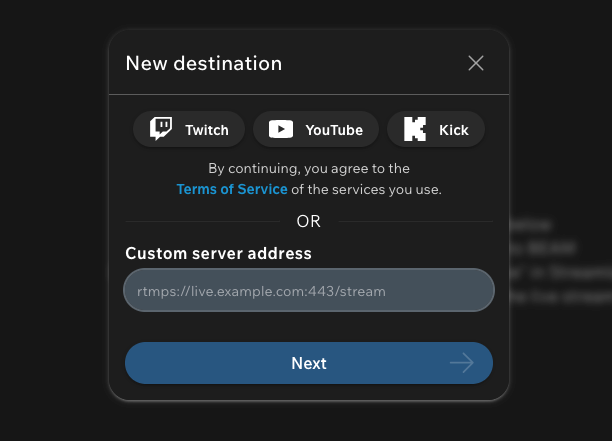 Dark interface showing streaming destination options including Twitch, YouTube, and Kick with custom server input below