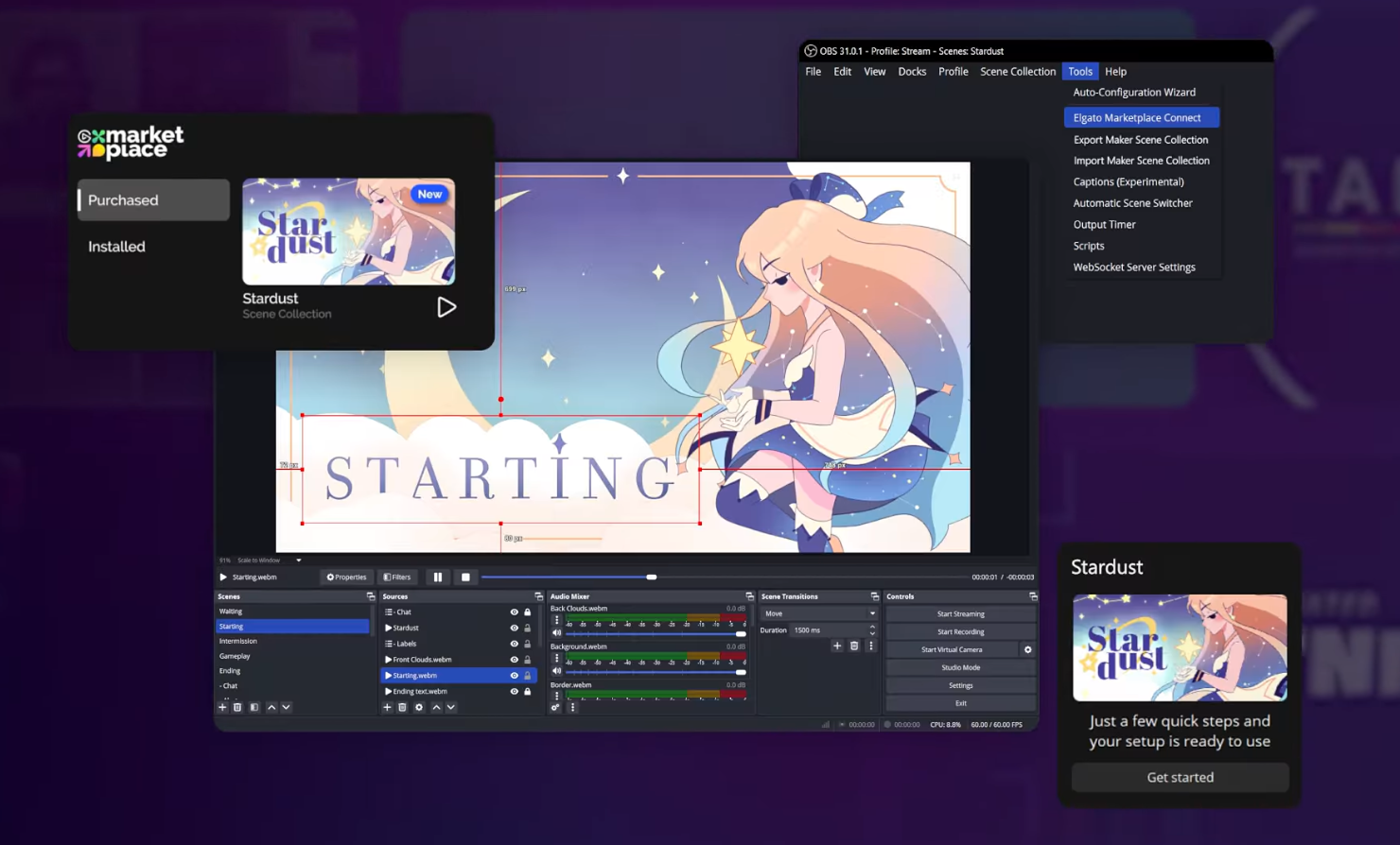 OBS Studio interface showing Stardust anime theme being installed from Elgato Marketplace Connect plugin.