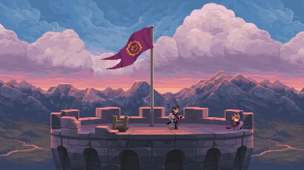 Pixel art of characters on castle tower with flag against mountain sunset and pink clouds