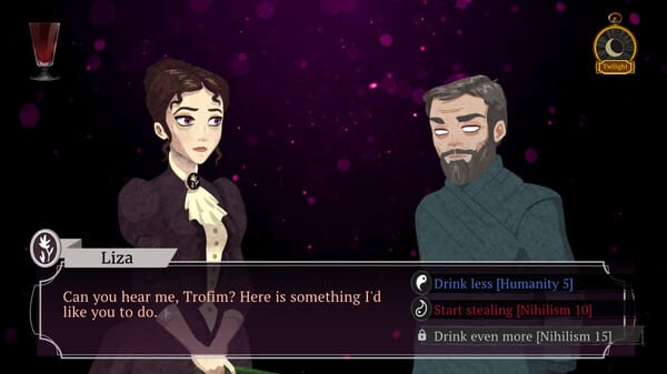 Visual novel scene showing two characters with dialogue choices about drinking and stealing