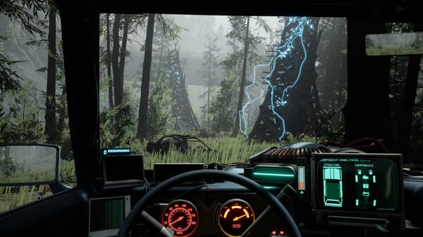 A car driving through a supernatural storm in Pacific Drive, showing the game's unique atmospheric effects