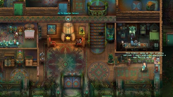 Side view of a detailed pixel art house interior showing multiple rooms with family members and mystical decorations