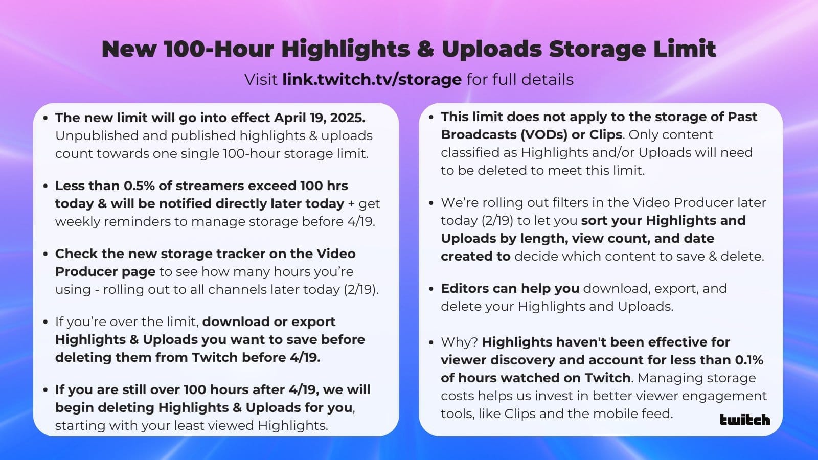 Twitch announcement image detailing new 100-hour storage limits and deadlines against purple-blue gradient background