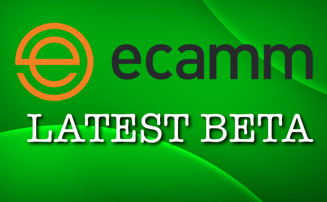 Ecamm Live logo and "LATEST BETA" text on green background with curved design elements