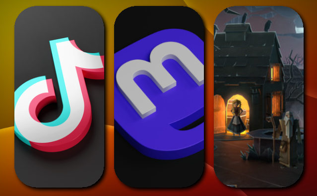 Side-by-side icons: TikTok's musical note, Mastodon's 'M' symbol, and Book of Demons' gothic character scene.