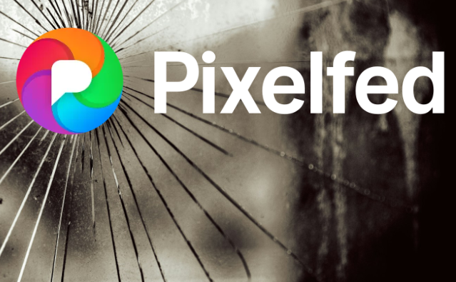 Pixelfed logo featuring colorful interlocking curves on black and white starburst background