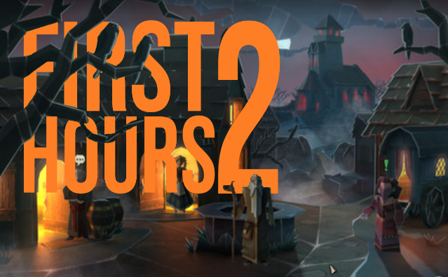 "First 2 Hours" logo over a gothic fantasy village with silhouetted figures and glowing windows at twilight.