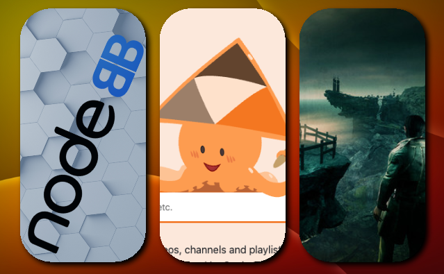 Three platform icons side by side: NodeBB logo, Sepia Search mascot, and atmospheric horror game scene