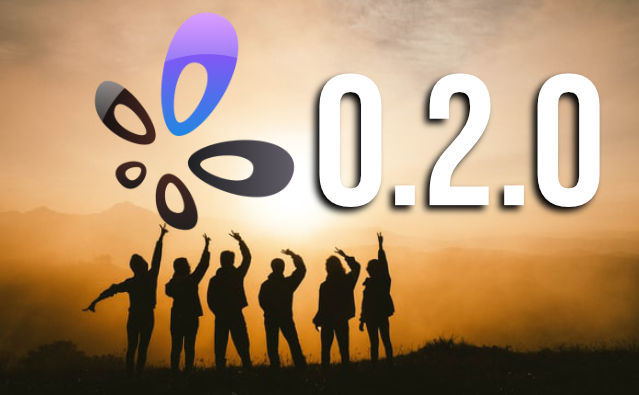 Owncast logo and "0.2.0" text float above silhouettes of people celebrating against an orange sunset sky.