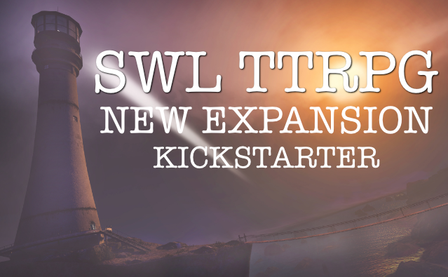 Lighthouse silhouette against purple-orange sky with text 'SWL TTRPG NEW EXPANSION KICKSTARTER'