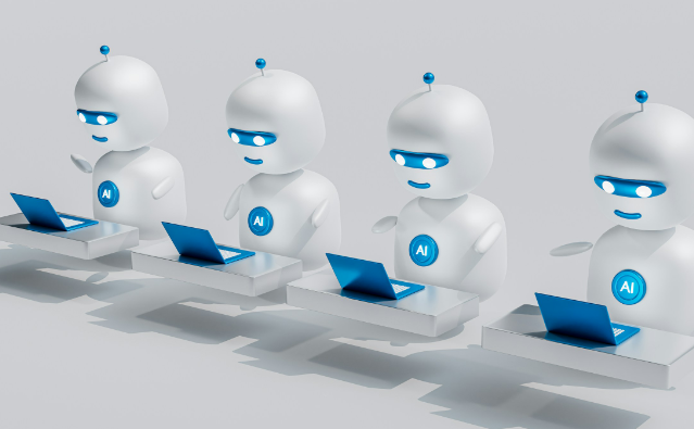 Four white AI robots in a row working on blue laptops against a gray background