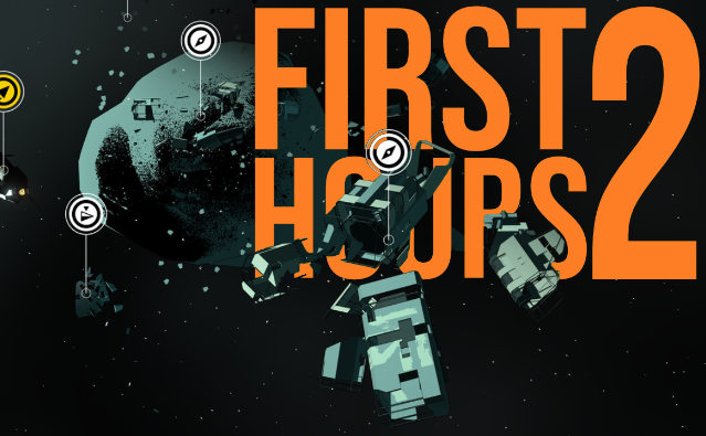 First Hours 2 logo in orange text with geometric spacecraft fragments floating in space against a dark background