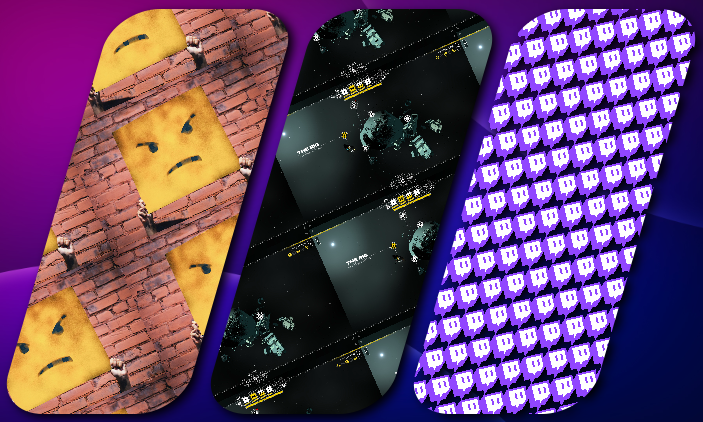 Three diagonal panels showing sad emotes, dark stream footage, and repeating Twitch logos on purple background