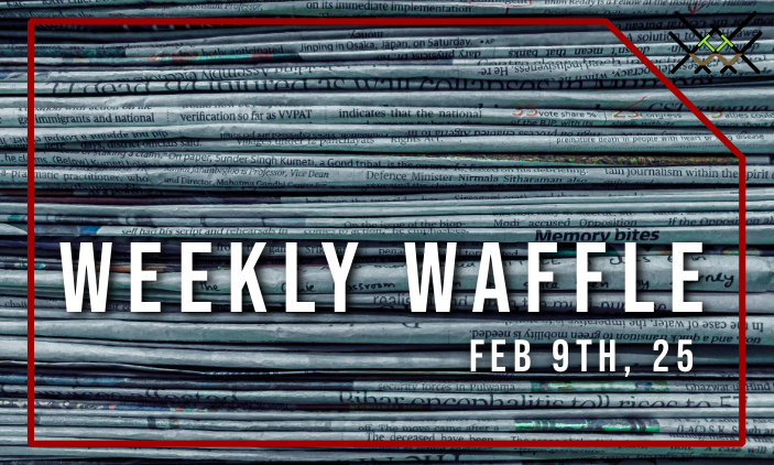 Weekly Waffle newsletter header with red border against stacked newspaper background