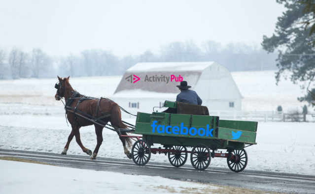 Horse-drawn wagon labeled with Facebook and Twitter logos passes an ActivityPub barn in snowy rural landscape.