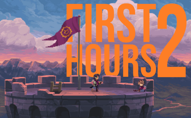 Pixel art game logo "First 2 Hours" with two characters on a stone platform against a sunset mountain backdrop.