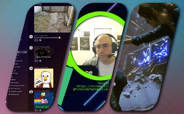 Triptych image showing Discord chat, streamer Ozoned with headset, and atmospheric shot of tech equipment with blue lighting.